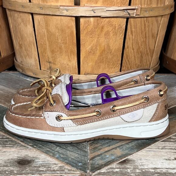Sperry Angelfish Tan Gold Leather Canvas Boat Shoes Womens Size 5 - Picture 2 of 11